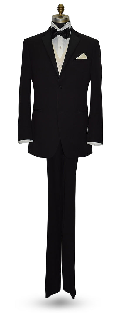 full length mannequin of a Black slim-fit notch lapel tuxedo with ivory satin vest and black satin "tie-yourself" bowtie.
