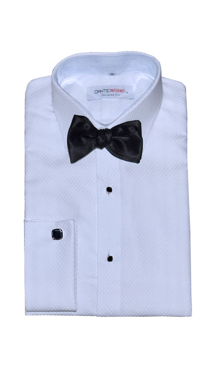 white tuxedo shirt with slight patter with black bowtie and dante inferno brand label  against a white background