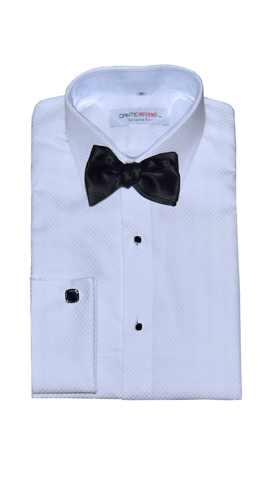 White dress shirt with black bow tie and cufflinks with a Dante Inferno label on a white background