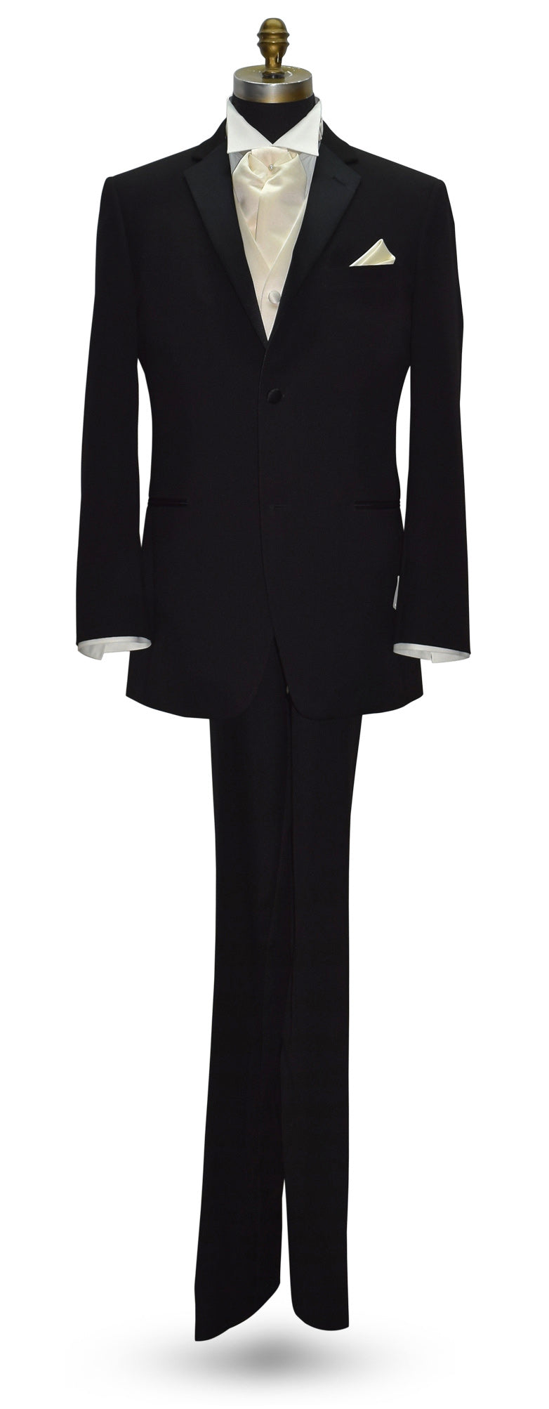 life size mannequin wearing a black notch-lapel tuxedo with an ivory tuxedo shirt and an ivory satin tuxedo vest and ivory ascot against a white background