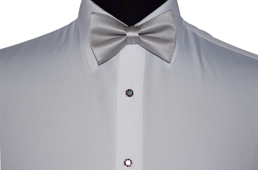 white tuxedo shirt with a moonlight "pre-tied" bow tie on a white background