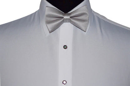 white tuxedo shirt with a moonlight "pre-tied" bow tie on a white background