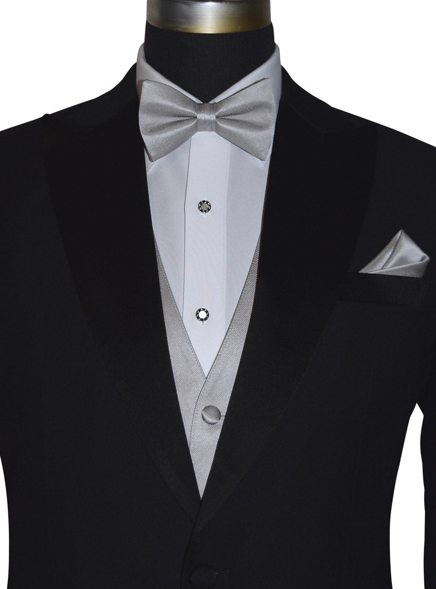 close-up black tuxedo wearing a moonlight-gray "pre-tied" bowtie and vest against a white background