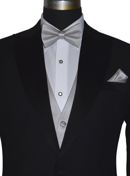 close-up black tuxedo wearing a moonlight-gray "pre-tied" bowtie and vest against a white background