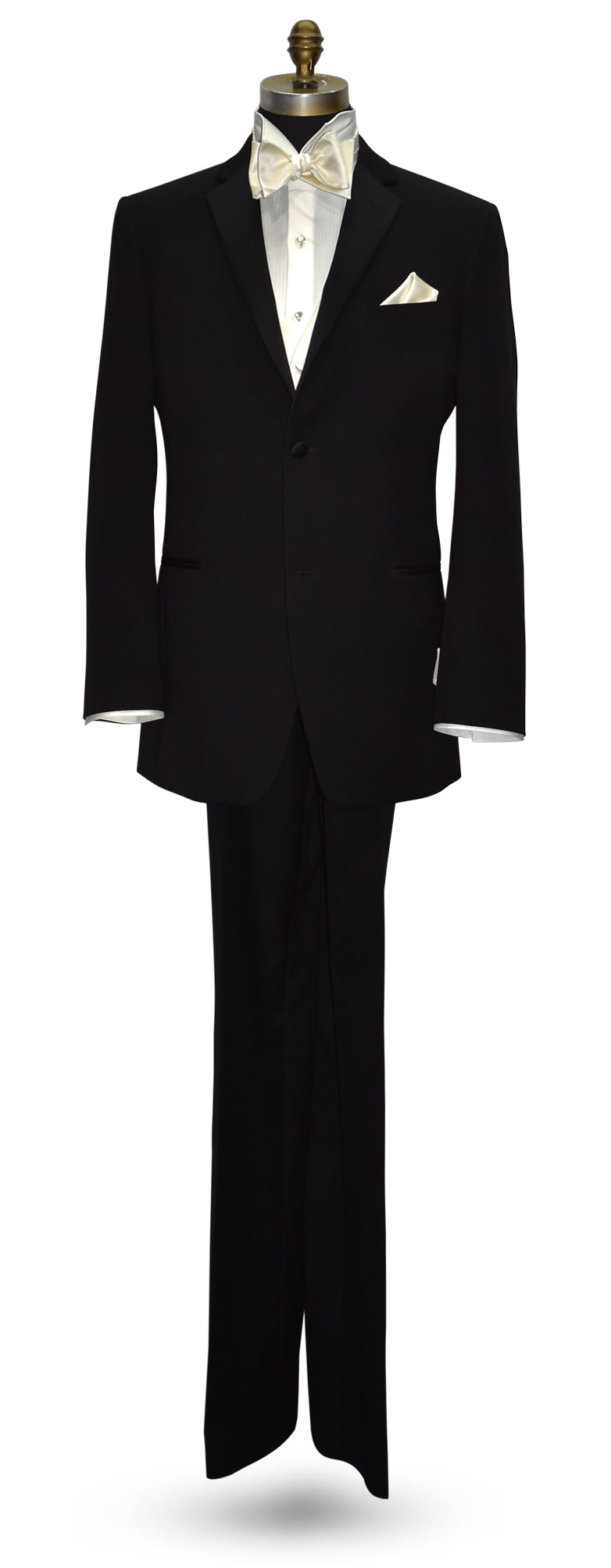 life size mannequin wearing a black notch-lapel tuxedo with an ivory tuxedo shirt and an off-white tuxedo vest and bowtie against a white background