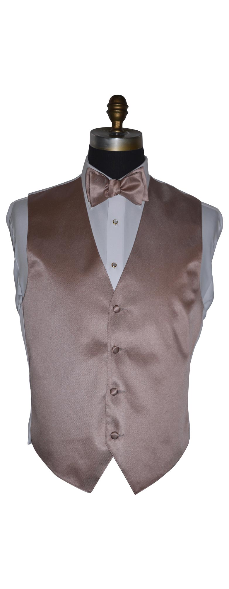 Rose-gold tuxedo vest on a mannequin with a white shirt and rose-gold "pre-tied" bow tie against a white background