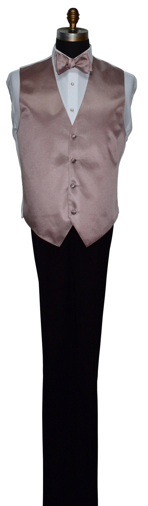 life-size mannequin wearing a rose-gold tuxedo vest and rose-gold-"self-tie" bow tie against a white background