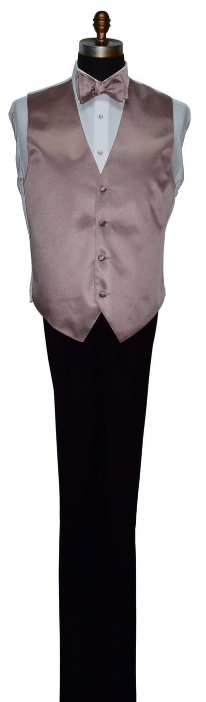 life-size mannequin wearing a rose-gold tuxedo vest and rose-gold-"self-tie" bow tie against a white background