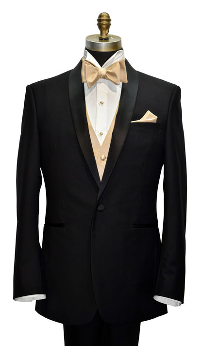 Black shawl collar tuxedo with gold "tie-yourself" bow tie and pocket square on a mannequin against a white background