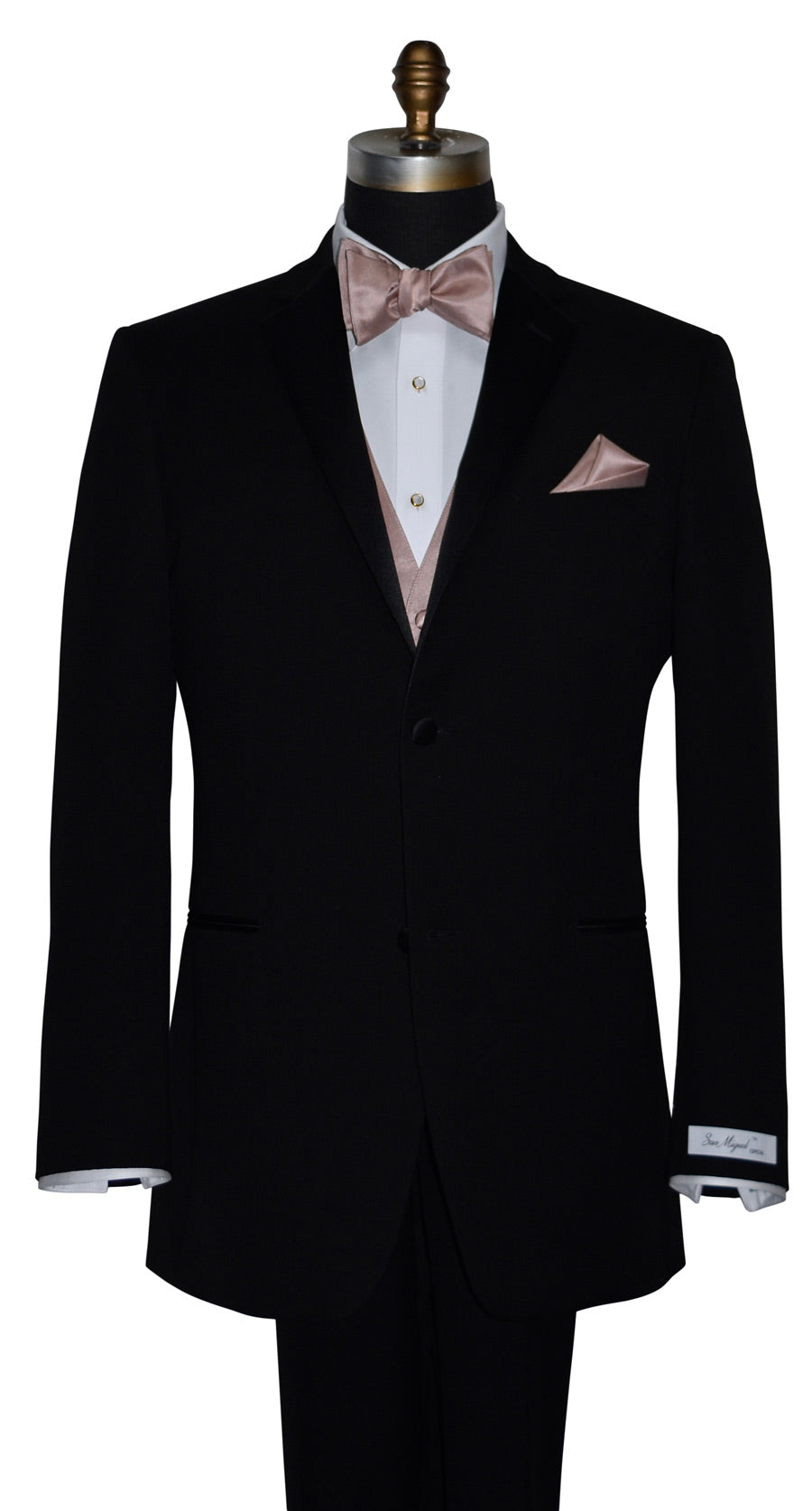 Black suit with rose-gold vest and rose-gold "tie-yourself" bow tie and pocket square on a mannequin against a white background