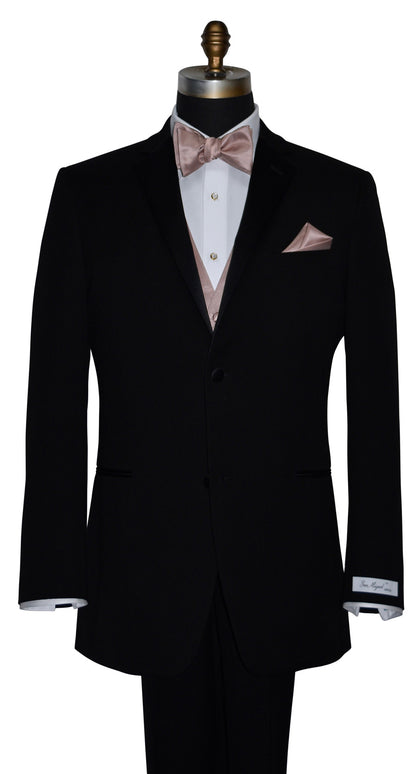 Black suit with rose-gold vest and rose-gold "tie-yourself" bow tie and pocket square on a mannequin against a white background