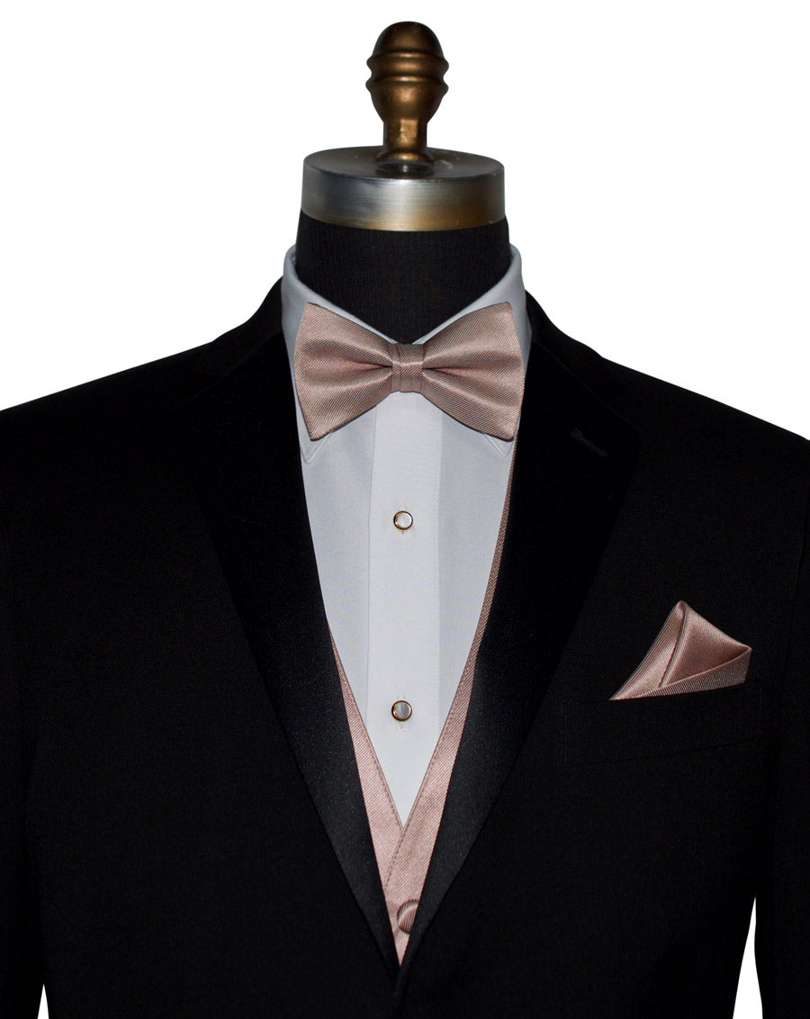 Black tuxedo with rose-gold "pre-tied"  bow tie and rose-gold tuxedo vest and pocket square on a mannequin against a white background