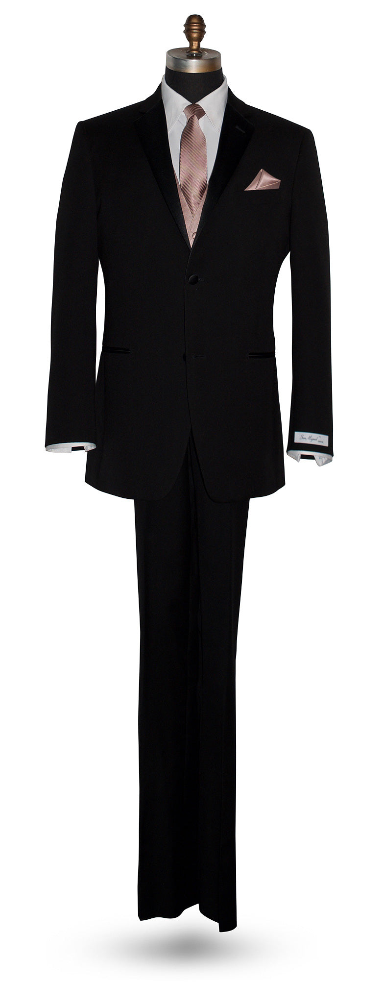 life size mannequin wearing a black tuxedo with a white shirt and a rose-gold vest and rose-gold necktie with subtle stripes against a white background