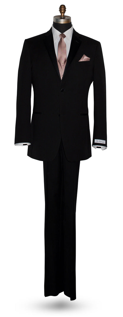 life size mannequin wearing a black tuxedo with a white shirt and a rose-gold vest and rose-gold necktie with subtle stripes against a white background