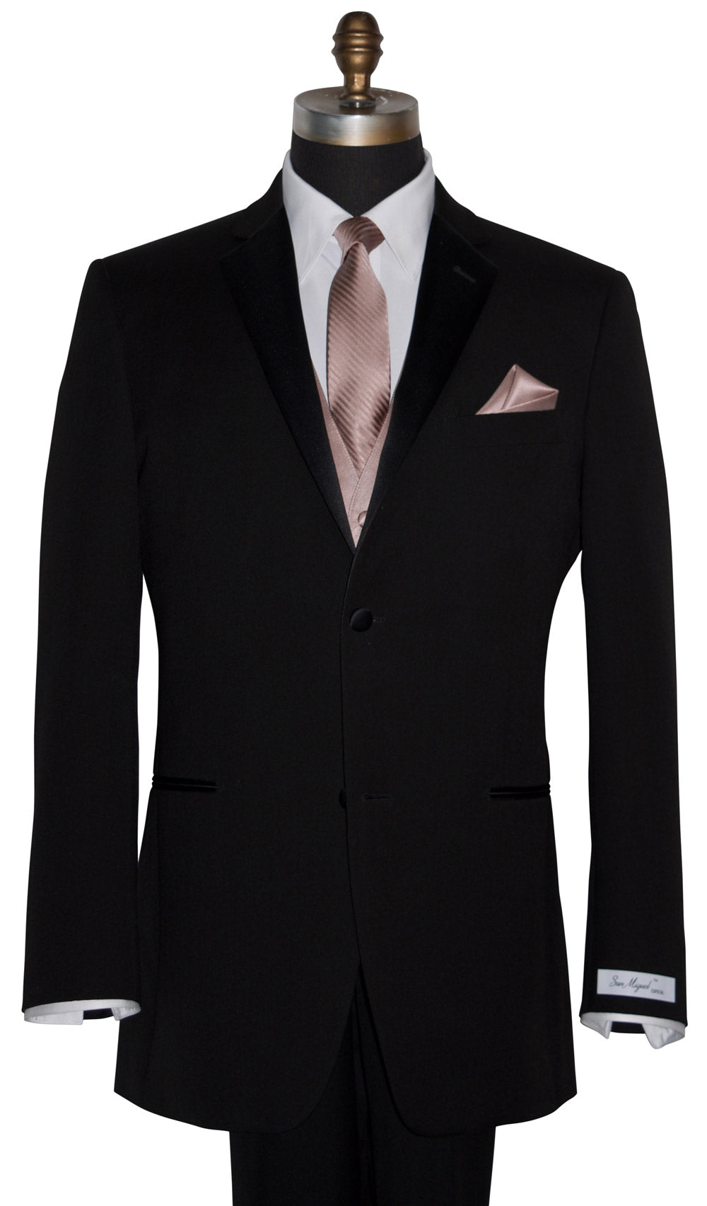 mannequin wearing a black wedding suit with a white dress shirt and a rose-gold tuxedo vest with a rose-gold long necktie with a subtle rose-gold stipe against a white background