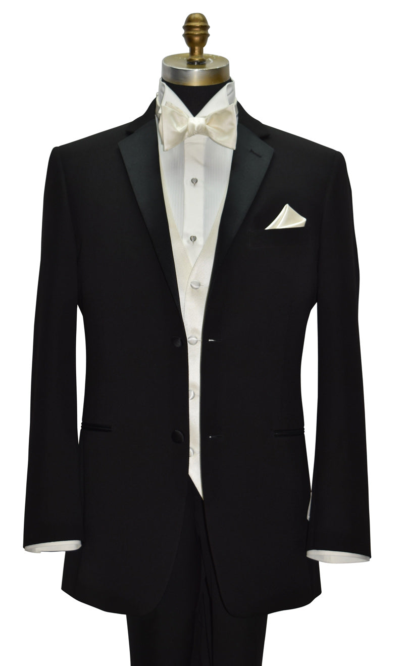 Black slim-fit notch lapel with ivory satin "tie yourself" bowtie and matching ivory satin vest and pocket handkerchief