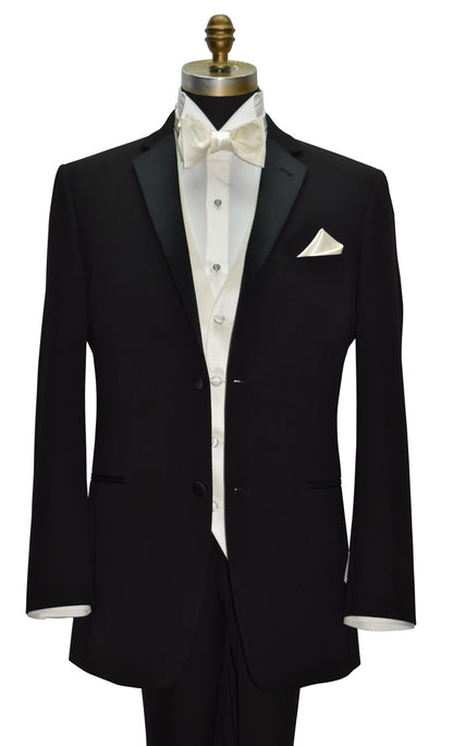 Black slim-fit notch lapel with ivory satin "tie yourself" bowtie and matching ivory satin vest and pocket handkerchief