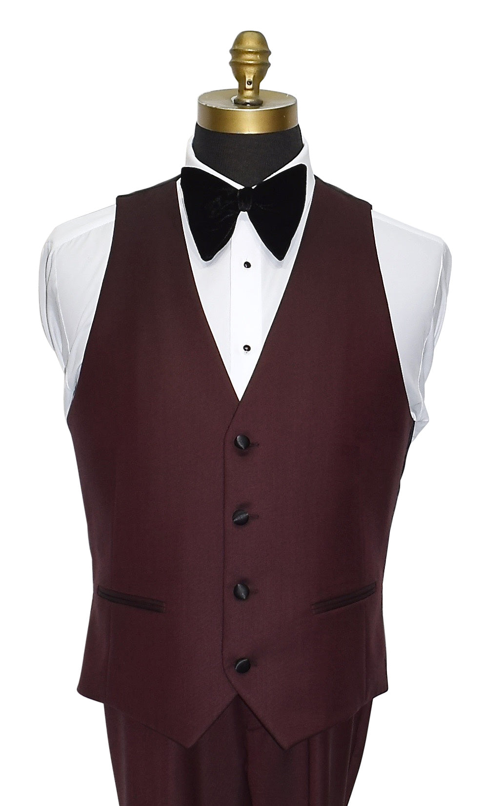 Maroon vest with black satin butterfly bowtie with black buttons on a mannequin against a white background