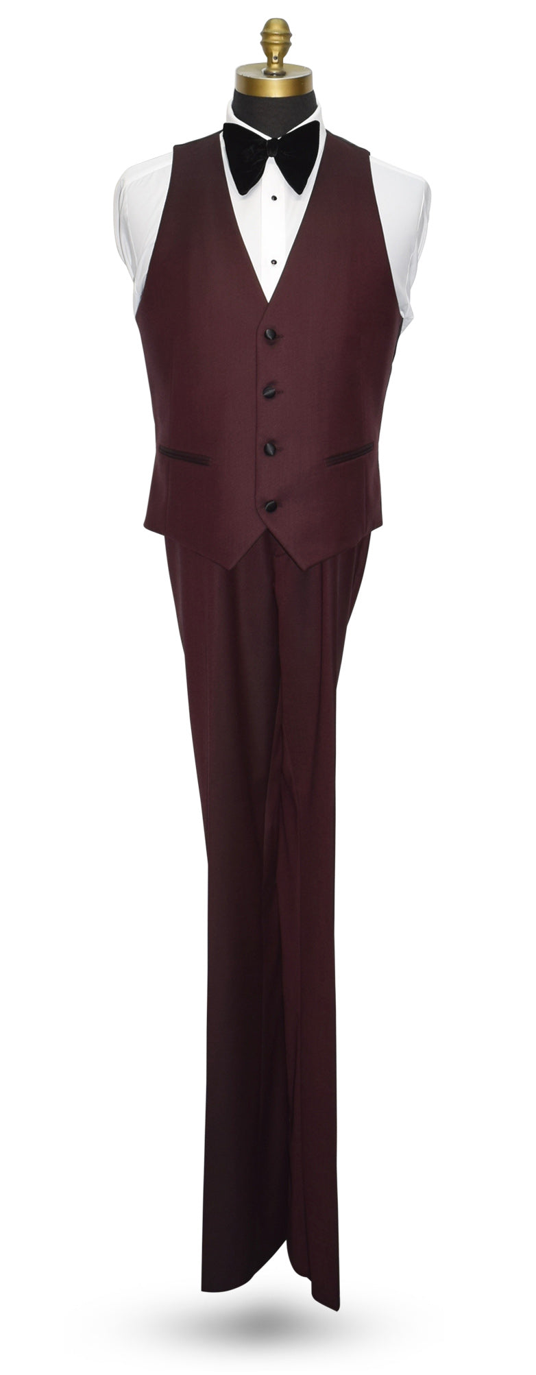 Maroon vest with large black butterfly bowtie and maroon pants set on a mannequin with a white background