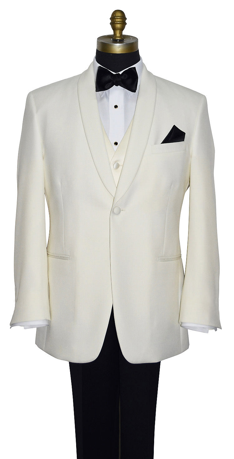 Close-up front view of an off-white shawl collar tuxedo jacket with black pants, and an off-white vest and black satin bowtie.