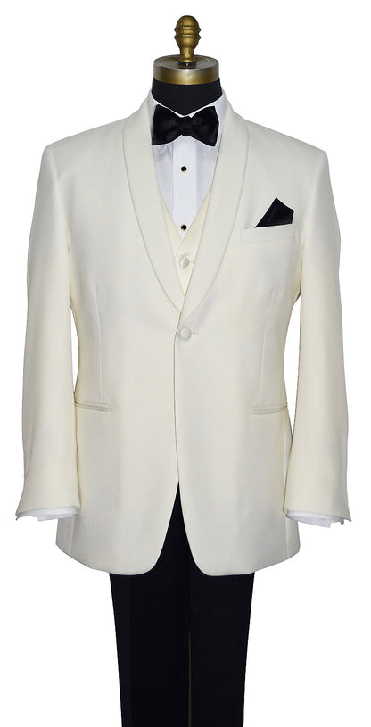 Close-up front view of an off-white shawl collar tuxedo jacket with black pants, and an off-white vest and black satin bowtie.