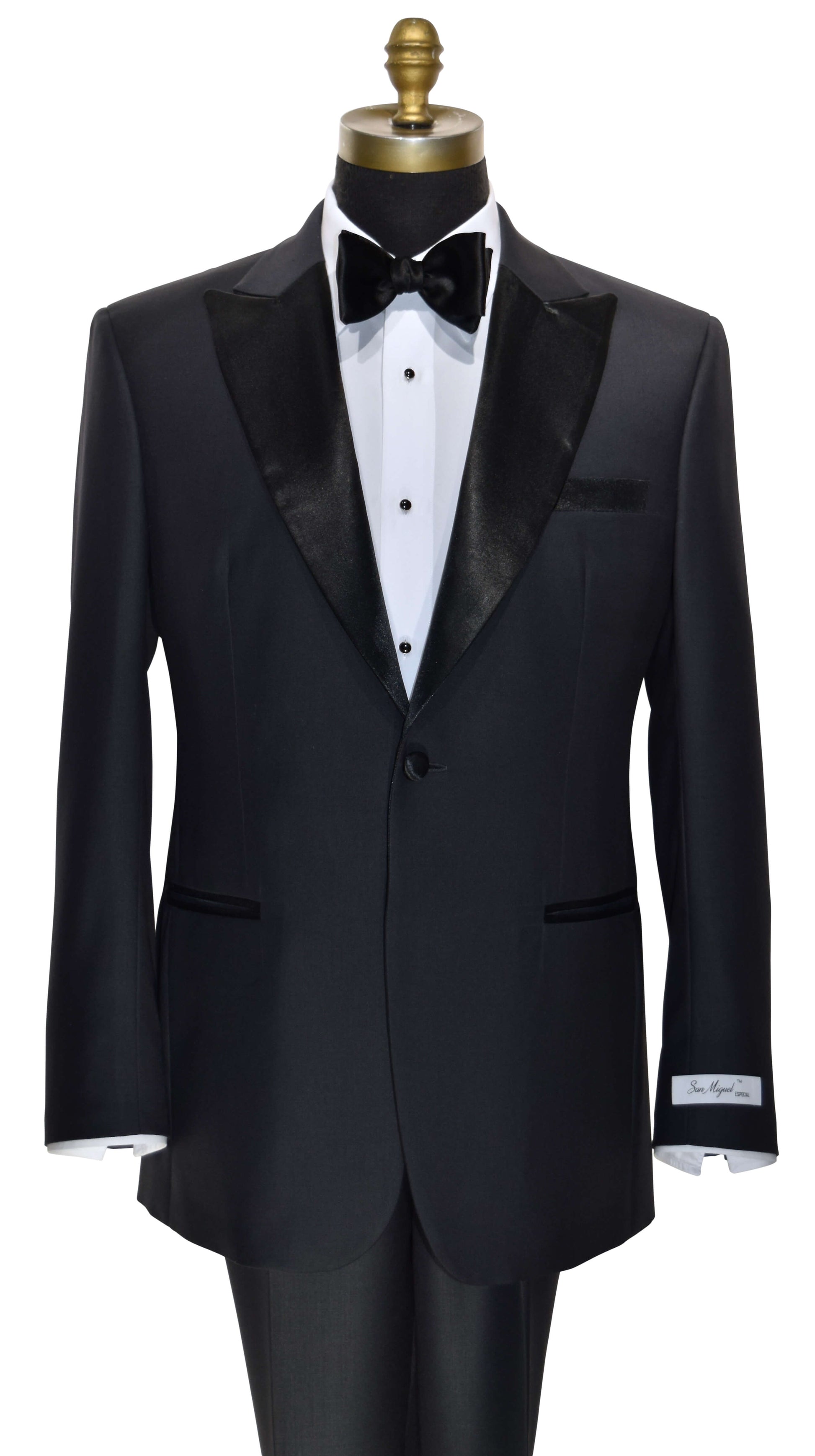 close-up mannequin wearing a charcoal peak lapel tuxedo with matching charcoal pants and black bowtie and a "Dante Inferno" branded label