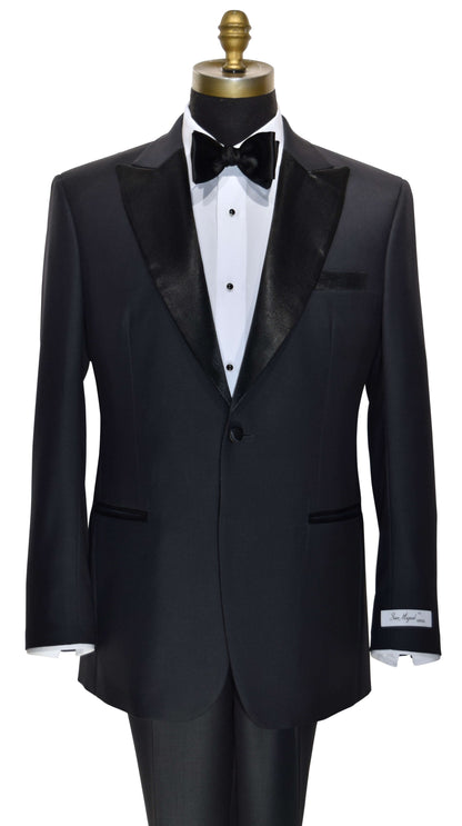 close-up mannequin wearing a charcoal peak lapel tuxedo with matching charcoal pants and black bowtie and a "Dante Inferno" branded label