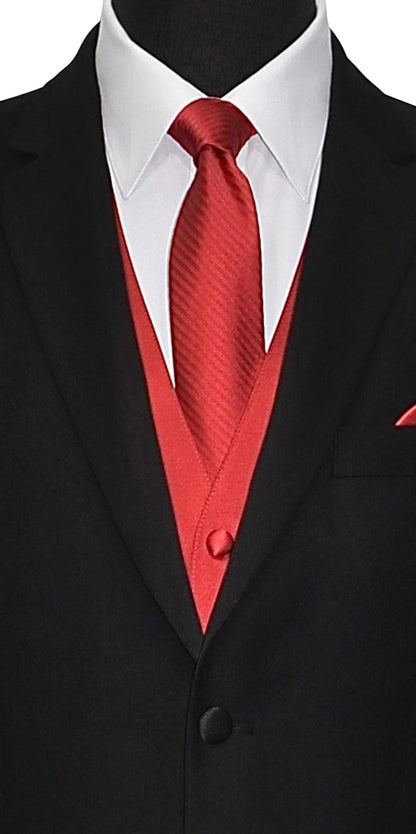 close-up black suit with a ruby-red tuxedo vest and a ruby-red necktie with subtle stripe against a white background