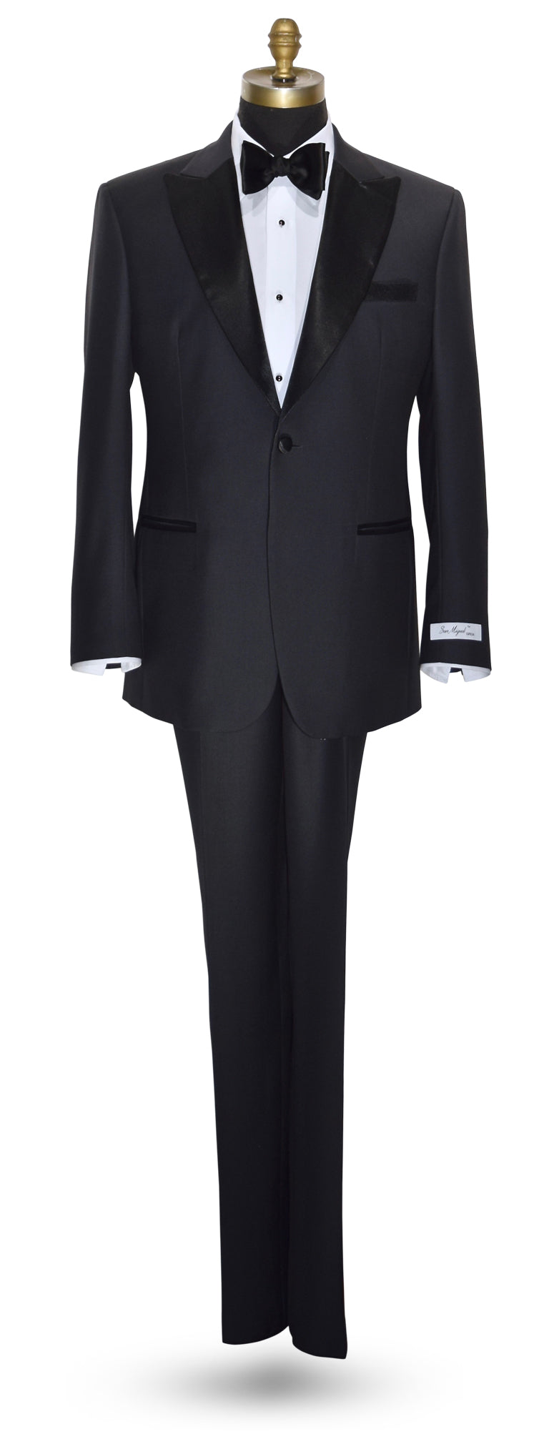 mannequin wearing a charcoal peak lapel tuxedo with matching charcoal pants and black bowtie with a "Dante Inferno" branded label.