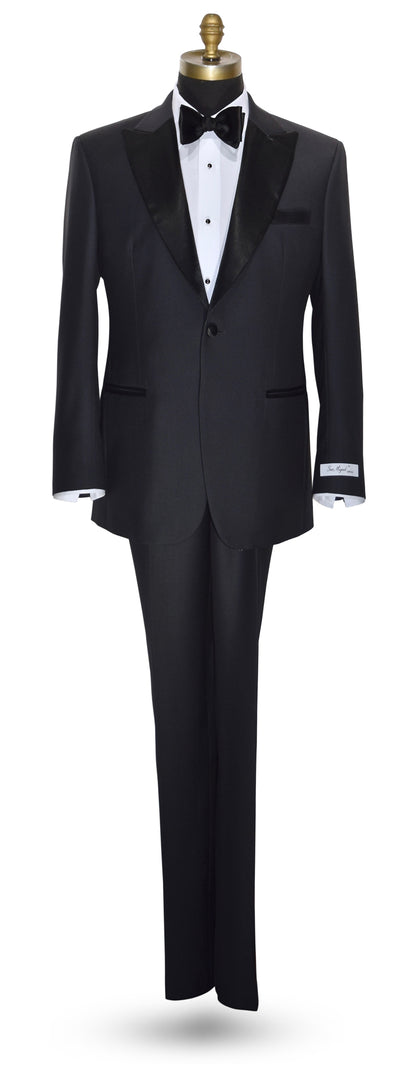 mannequin wearing a charcoal peak lapel tuxedo with matching charcoal pants and black bowtie with a "Dante Inferno" branded label.