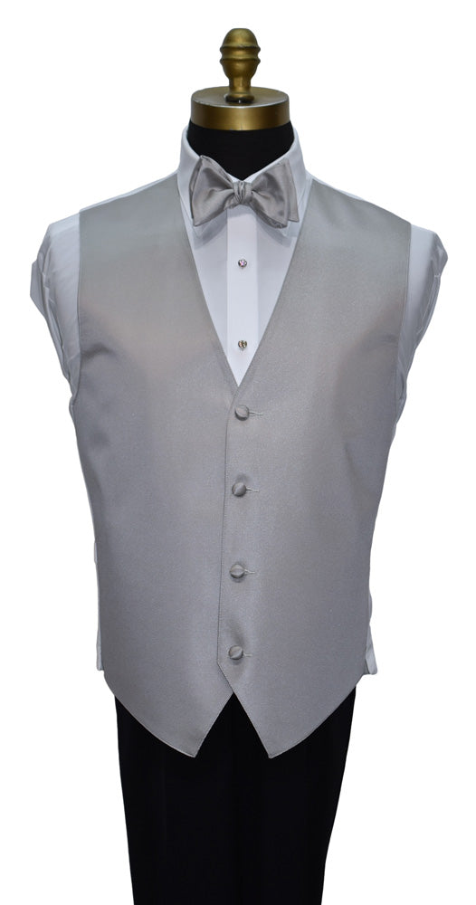 close up front view-mannequin earing a moonlight-gray "tie-yourself" bowtie and vest with black tuxedo pants against a white background