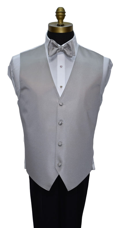 close up front view-mannequin earing a moonlight-gray "tie-yourself" bowtie and vest with black tuxedo pants against a white background