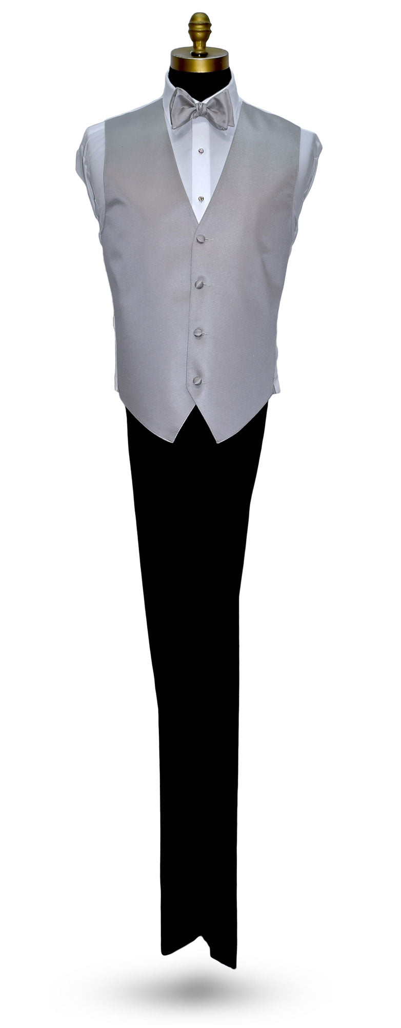 life size mannequin wearing a moonlight-gray "tie-yourself" bowtie and matching vest with black tuxedo pants against a white background