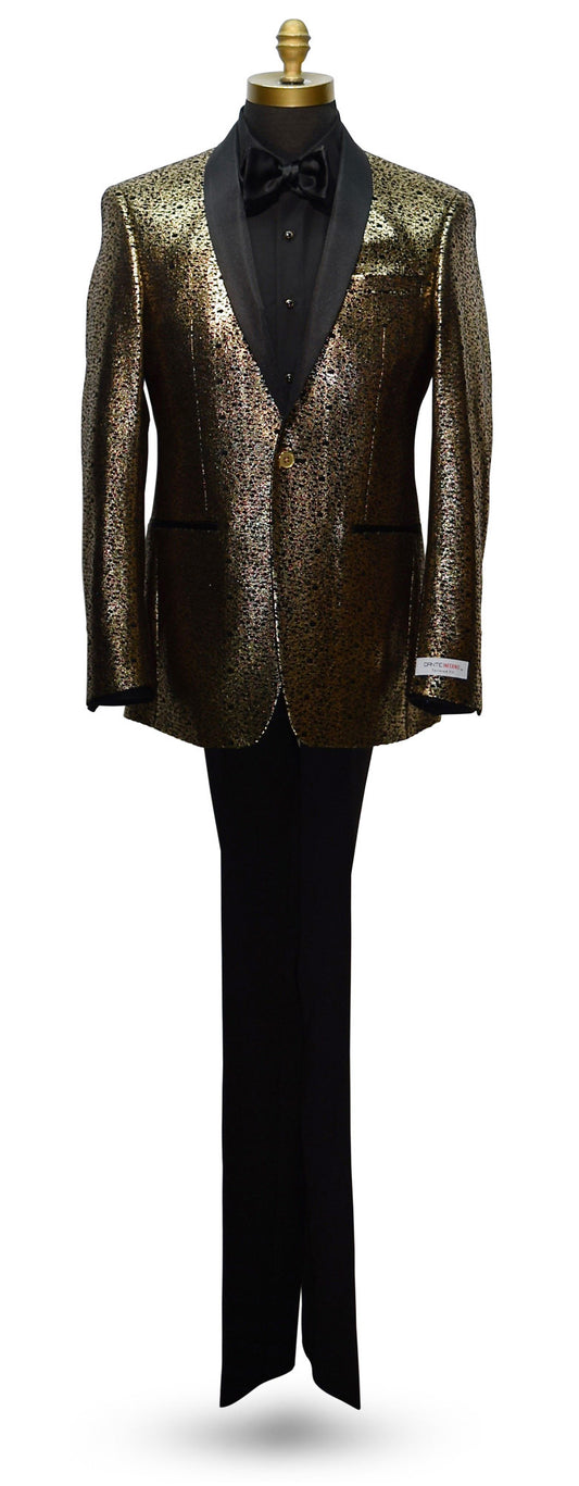 Mannequin wearing a black and gold shawl collar tuxedo with a black tuxedo shirt and black bowtie