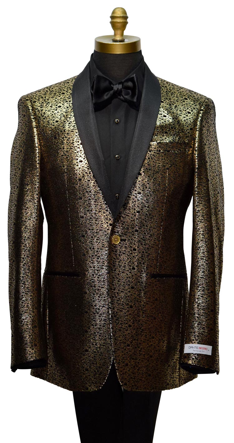 mannequin wearing a black and gold dinner jacket with a black tuxedo shirt and black satin bowtie