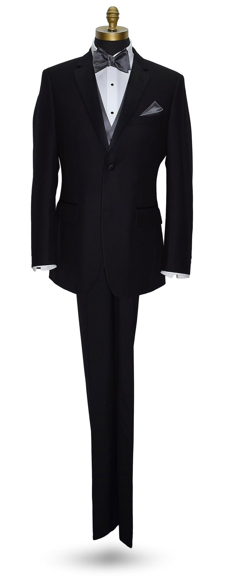 life size full mannequin of a black tuxedo with a white tuxedo shirt and a charcoal "tie-yourself" bowtie and charcoal vest against a white background