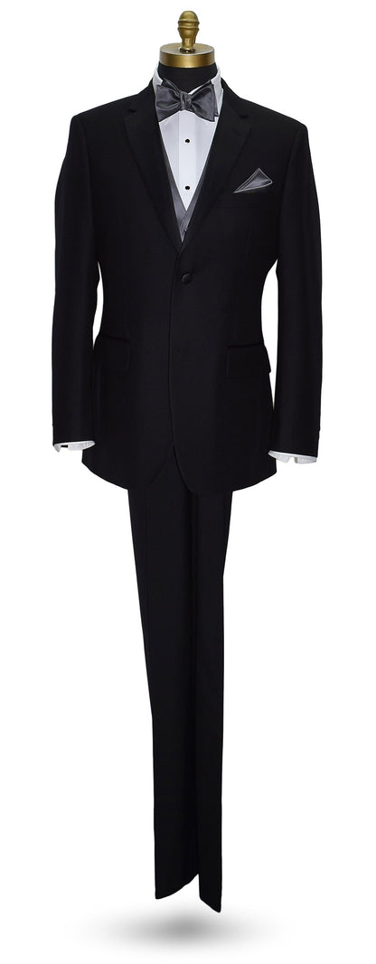 life size full mannequin of a black tuxedo with a white tuxedo shirt and a charcoal "tie-yourself" bowtie and charcoal vest against a white background