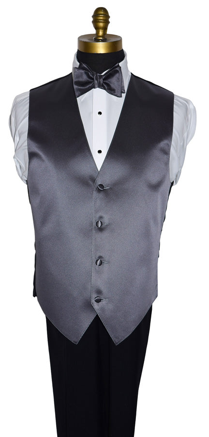 charcoal vest on a mannequin with a white shirt and a charcoal "tie-yourself" bow tie wearing black tuxedo pants against a white background