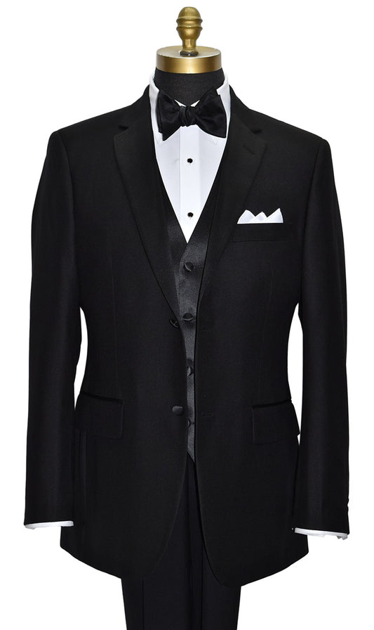 Black tuxedo with white shirt and bow tie and a black 4 button vest on a mannequin against a white background