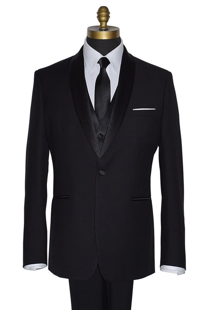 Black three-piece suit with a with a white shirt and black necktie with subtle stripe on a mannequin against a white background