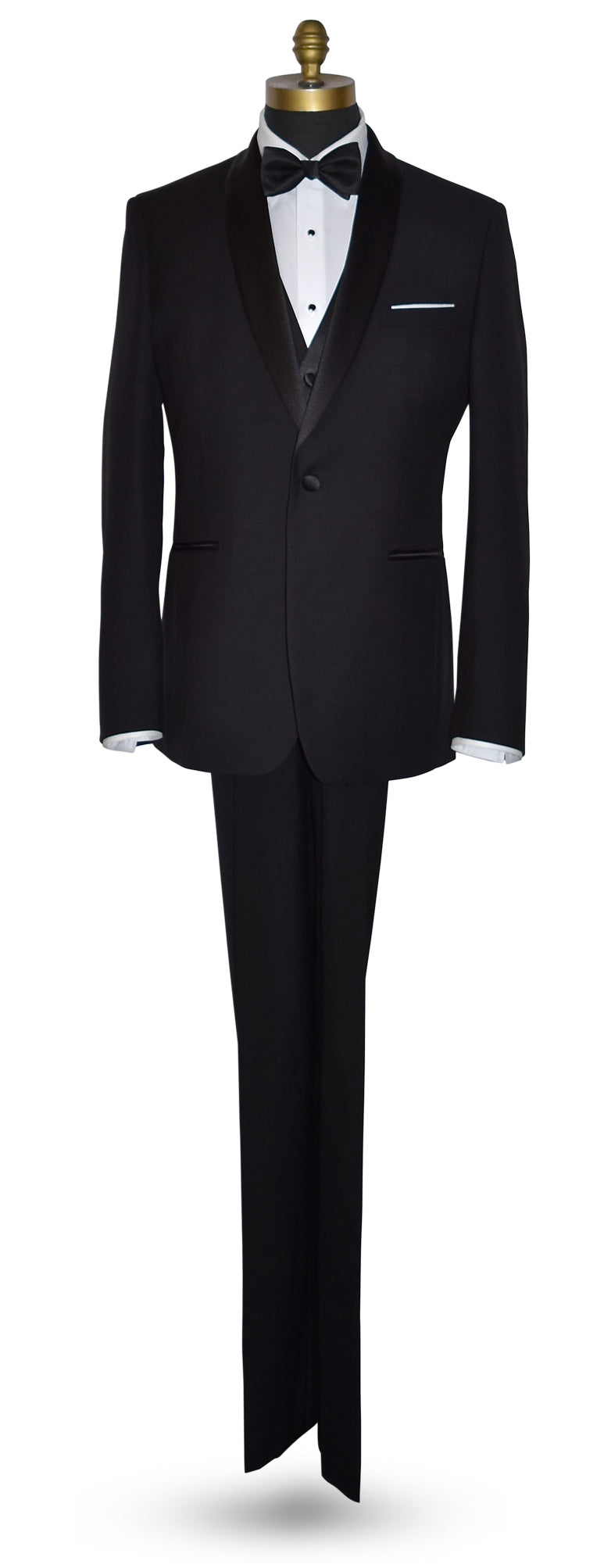 Full length front view of Black shawl collar tuxedo by tuxclub, with white lay-down collar tuxedo shirt and black satin bowtie with a black vest 