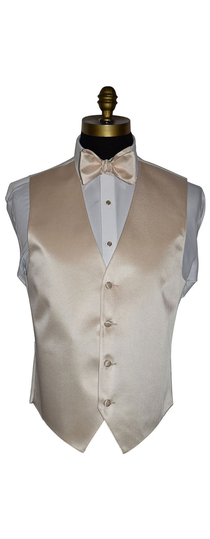 mannequin wearing a 4 button champagne vest and champagne "tie-yourself" bowtie against a white back ground