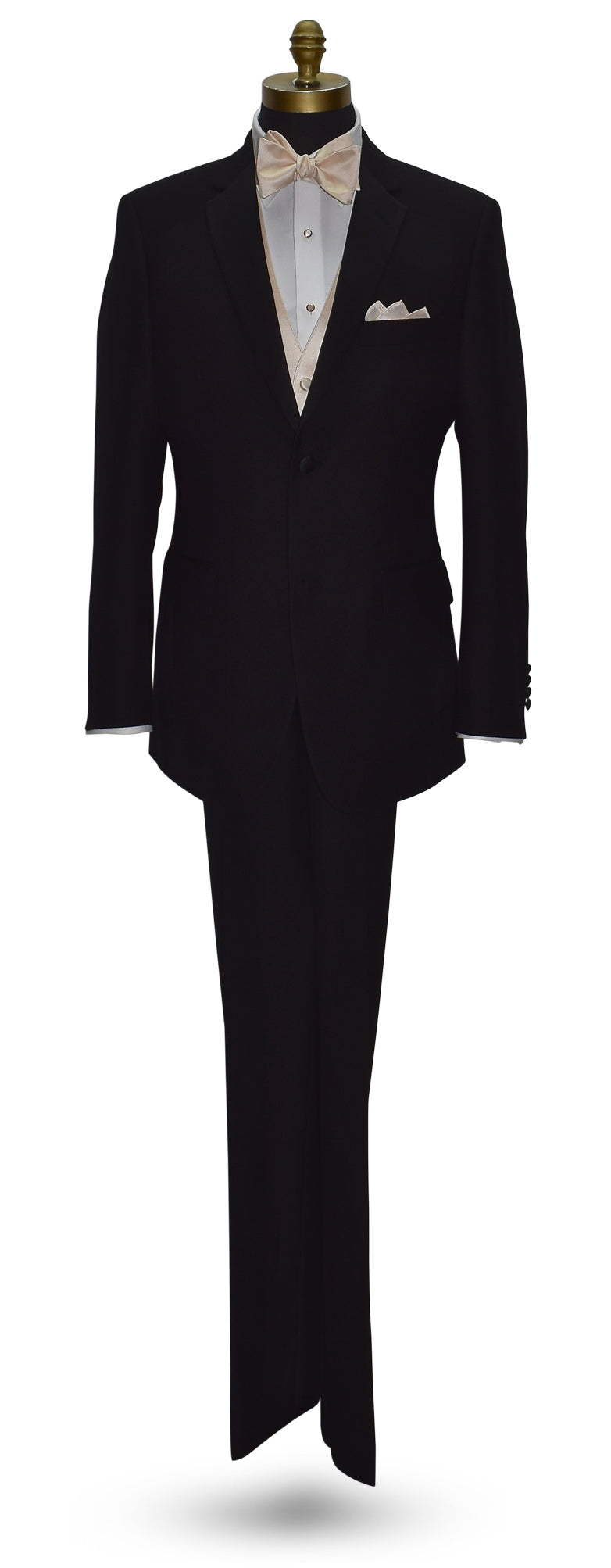 life size mannequin wearing a black notch-lapel tuxedo with a champagne bowtie and champagne vest against a white background