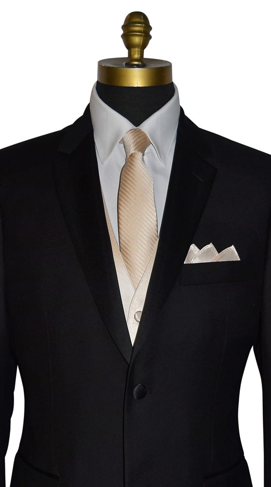 close-up black notch-lapel tuxedo wearing a champagne colored vest and matching necktie with subtle champagne stripe against a white background