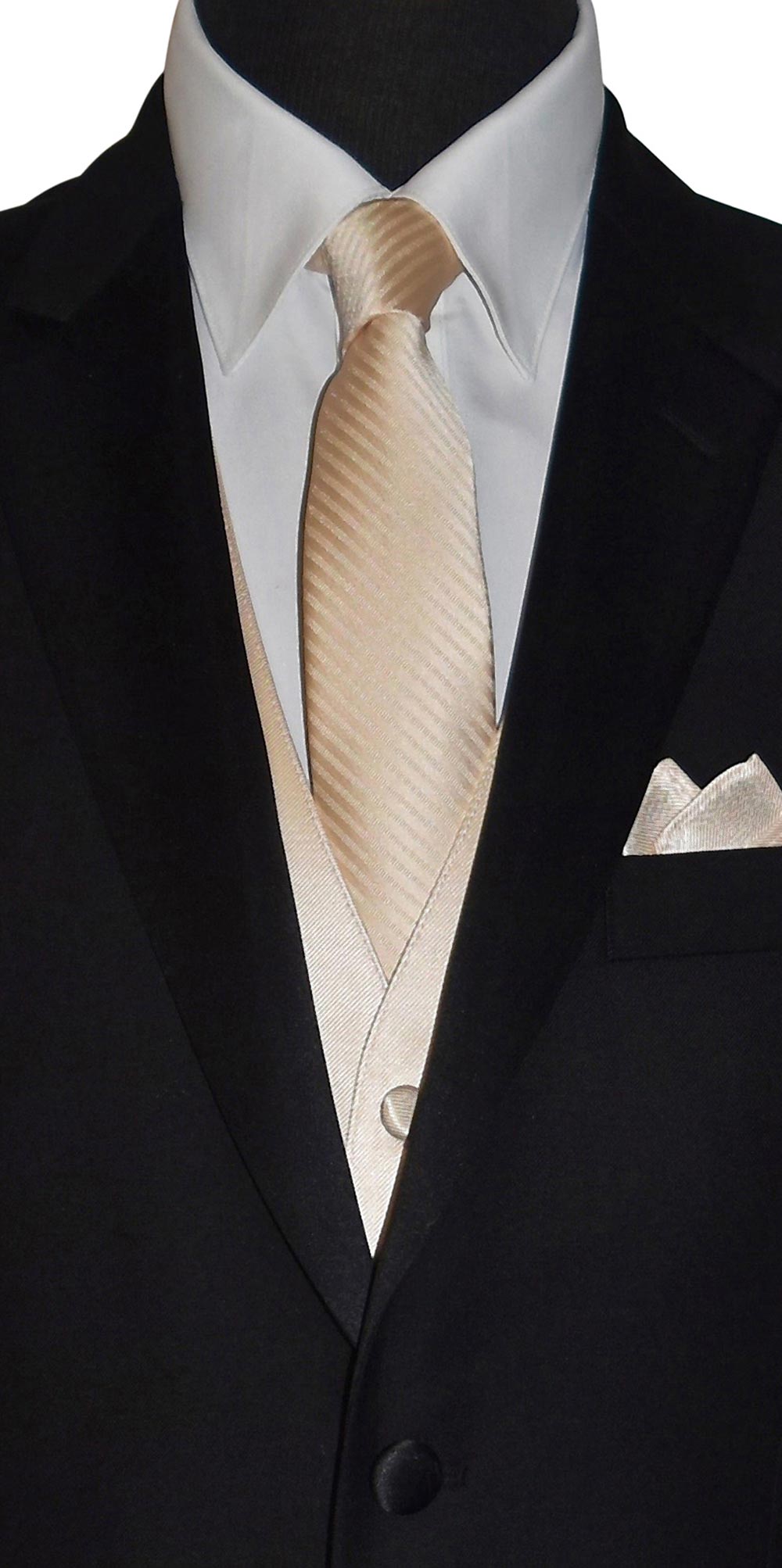 Black wedding suit with a white shirt, champagne necktie, and chmpagne tuxedo vest on a white background