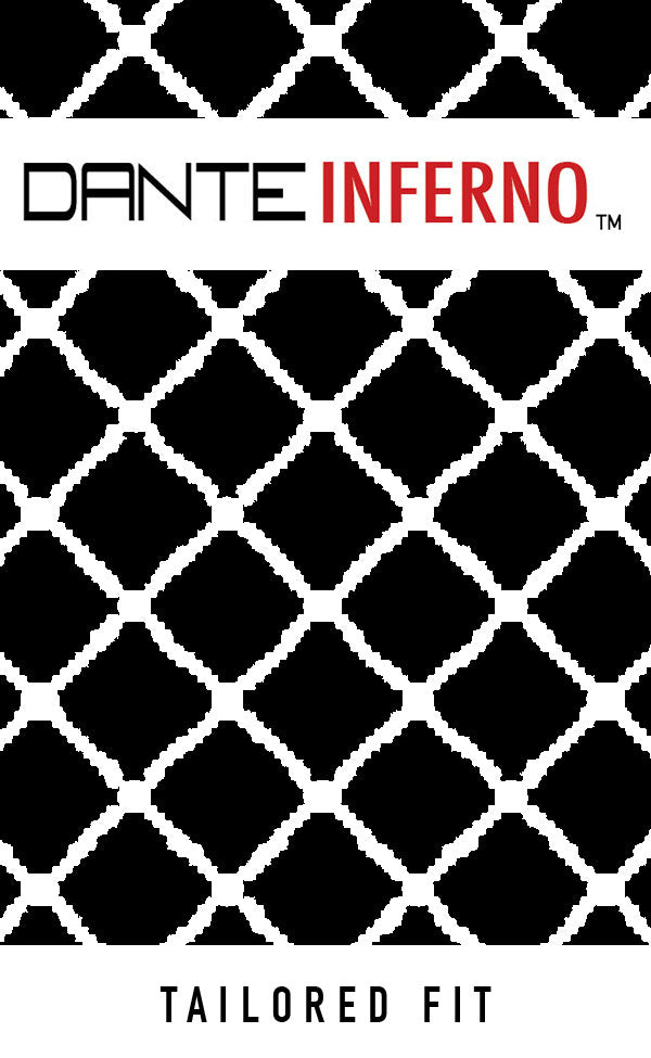 Black and white patterned fabric with text 'Dante Inferno' and 'Tailored Fit'.