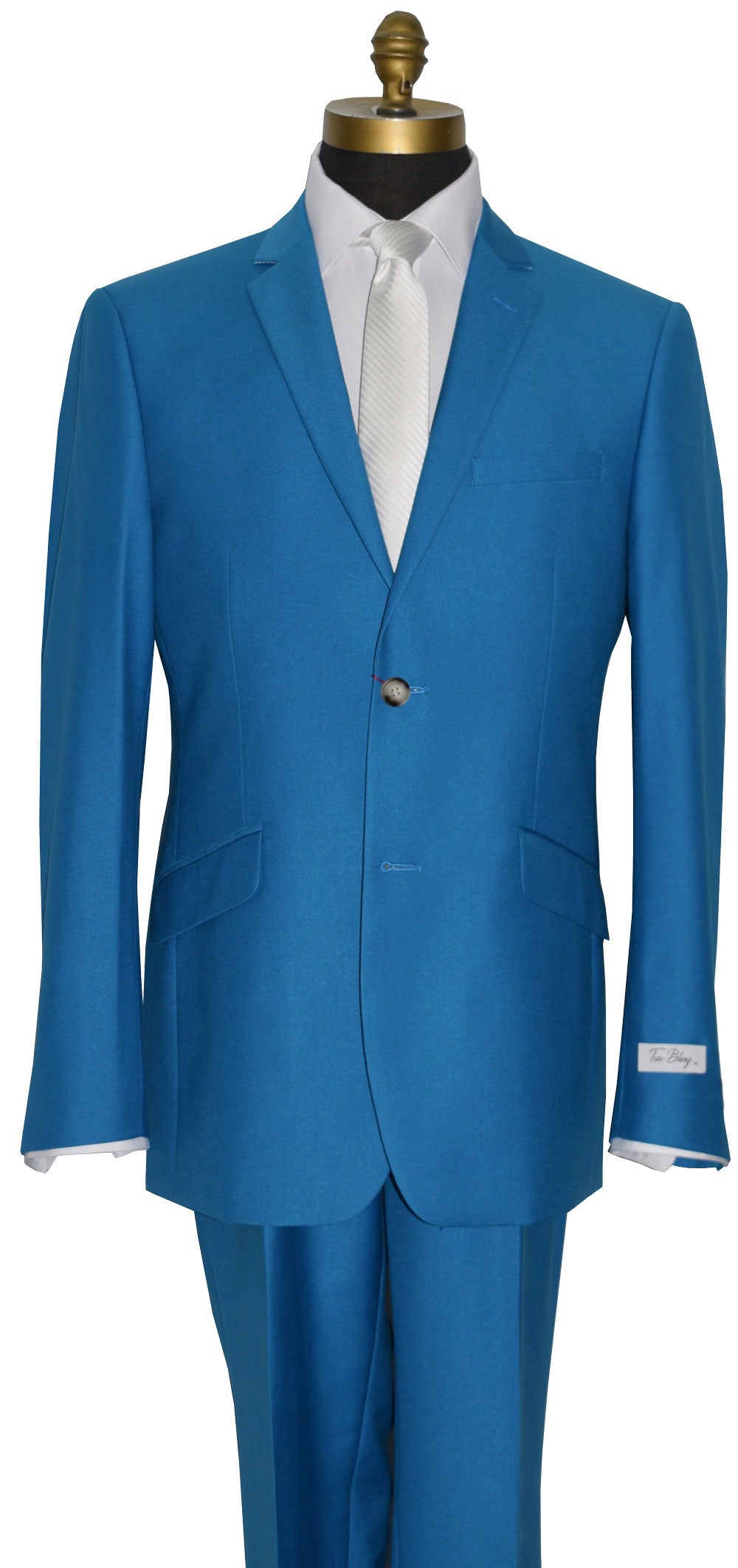 electric blue suit on a mannequin with a white shirt and tie against a white background