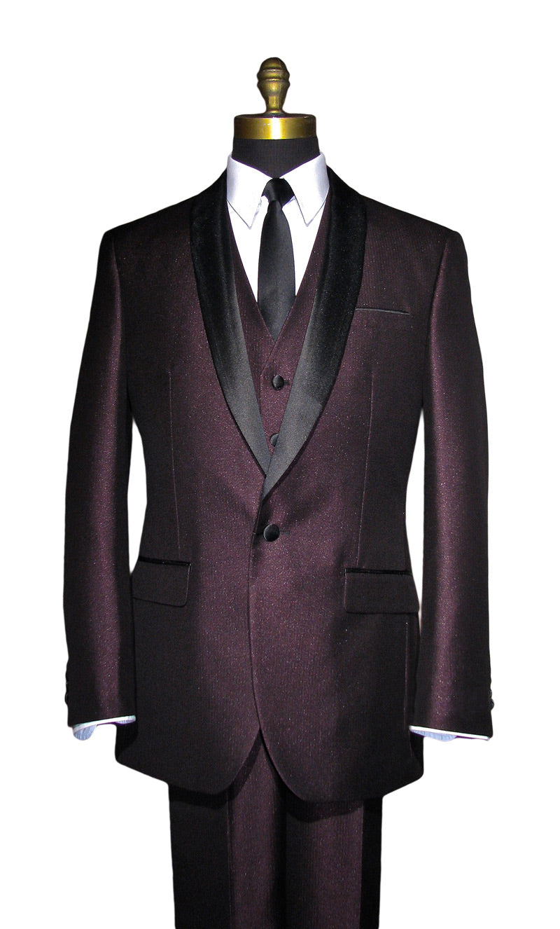 Plum Shawl Collar Tuxedo Set with Pants and Vest