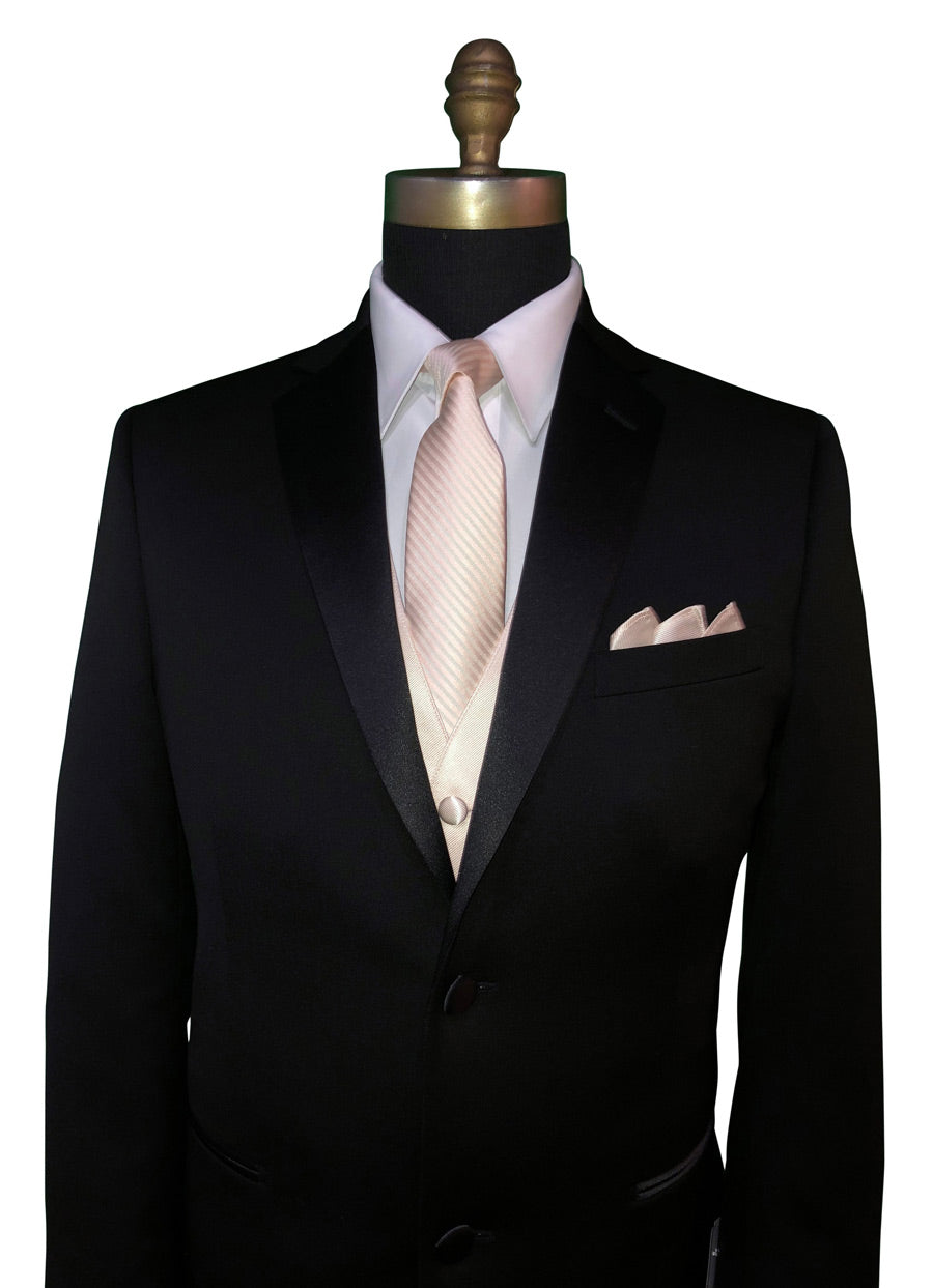 Black men's suit with a nude-color necktie and pocket square on a mannequin against a white background