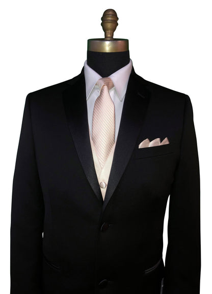 Black men's suit with a nude-color necktie and pocket square on a mannequin against a white background